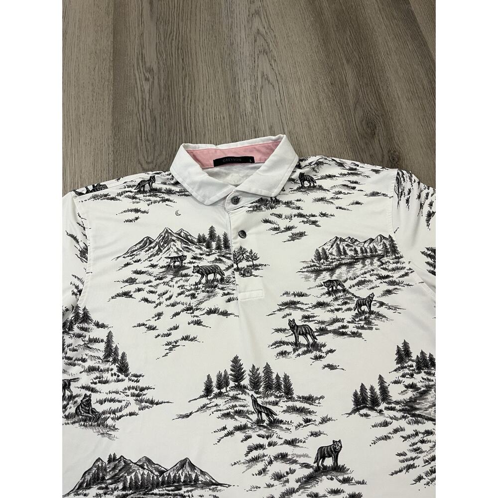 Greyson Mens Large Wolf Toile Polo Shirt Arctic White Black Scenic Print - Picture 2 of 7